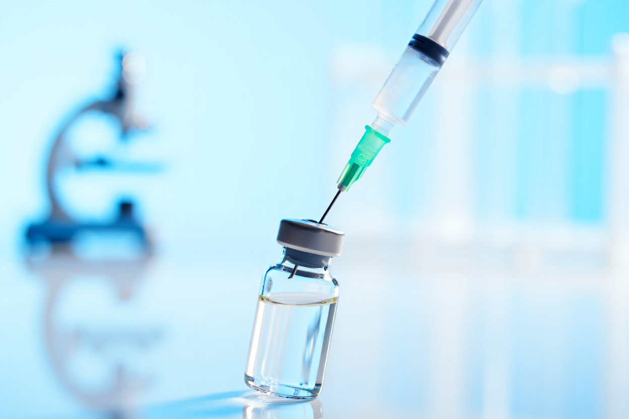 Медицинский шприц набирает прозрачный препарат из стеклянной ампулы — процедура кодирования на 3 года.